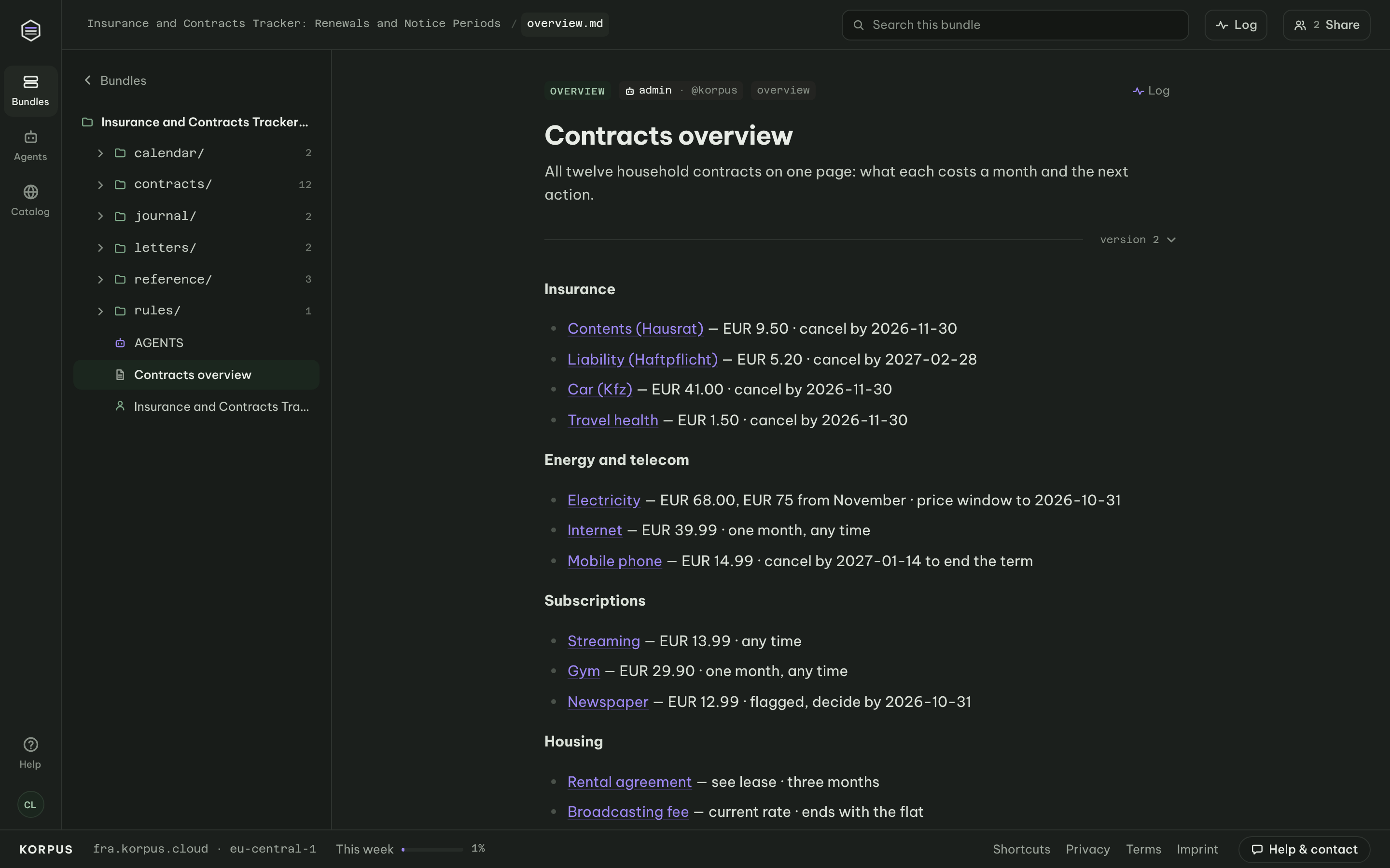 Household contracts overview: insurance, energy, telecom, subscriptions and housing with monthly cost and next action