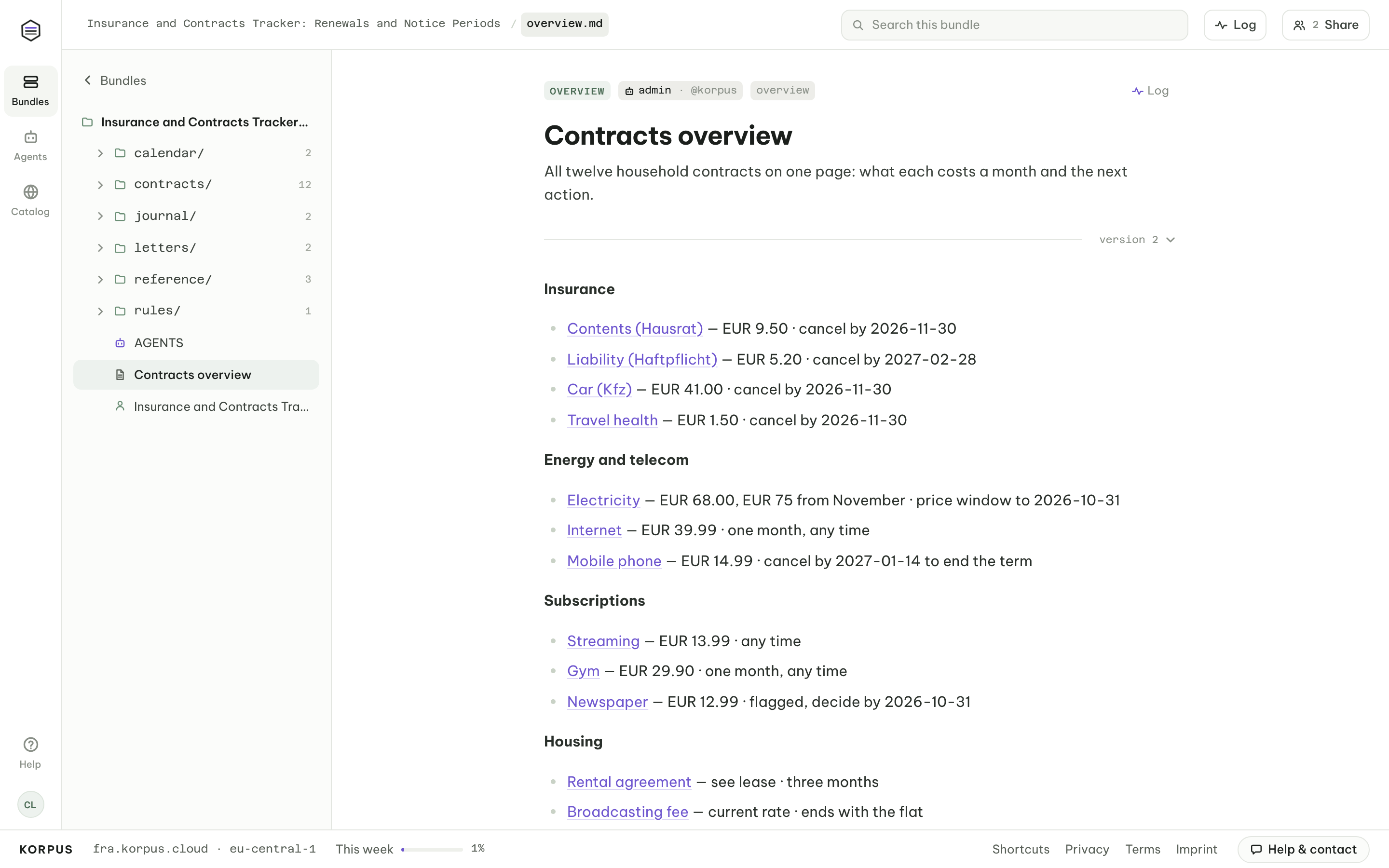 Household contracts overview: insurance, energy, telecom, subscriptions and housing with monthly cost and next action