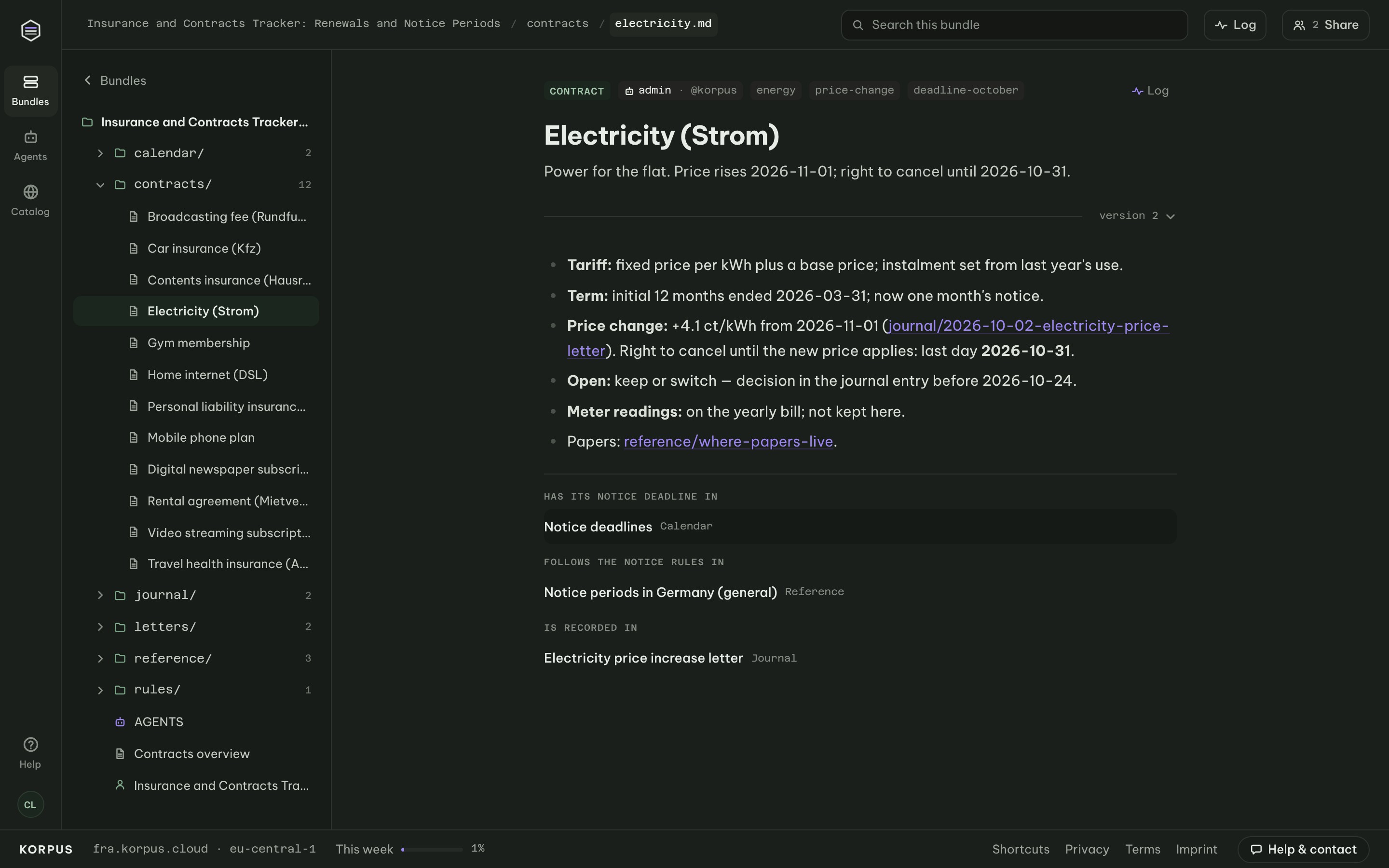 Electricity contract updated by an AI agent after a price increase letter: new last day to cancel and link to the journal entry