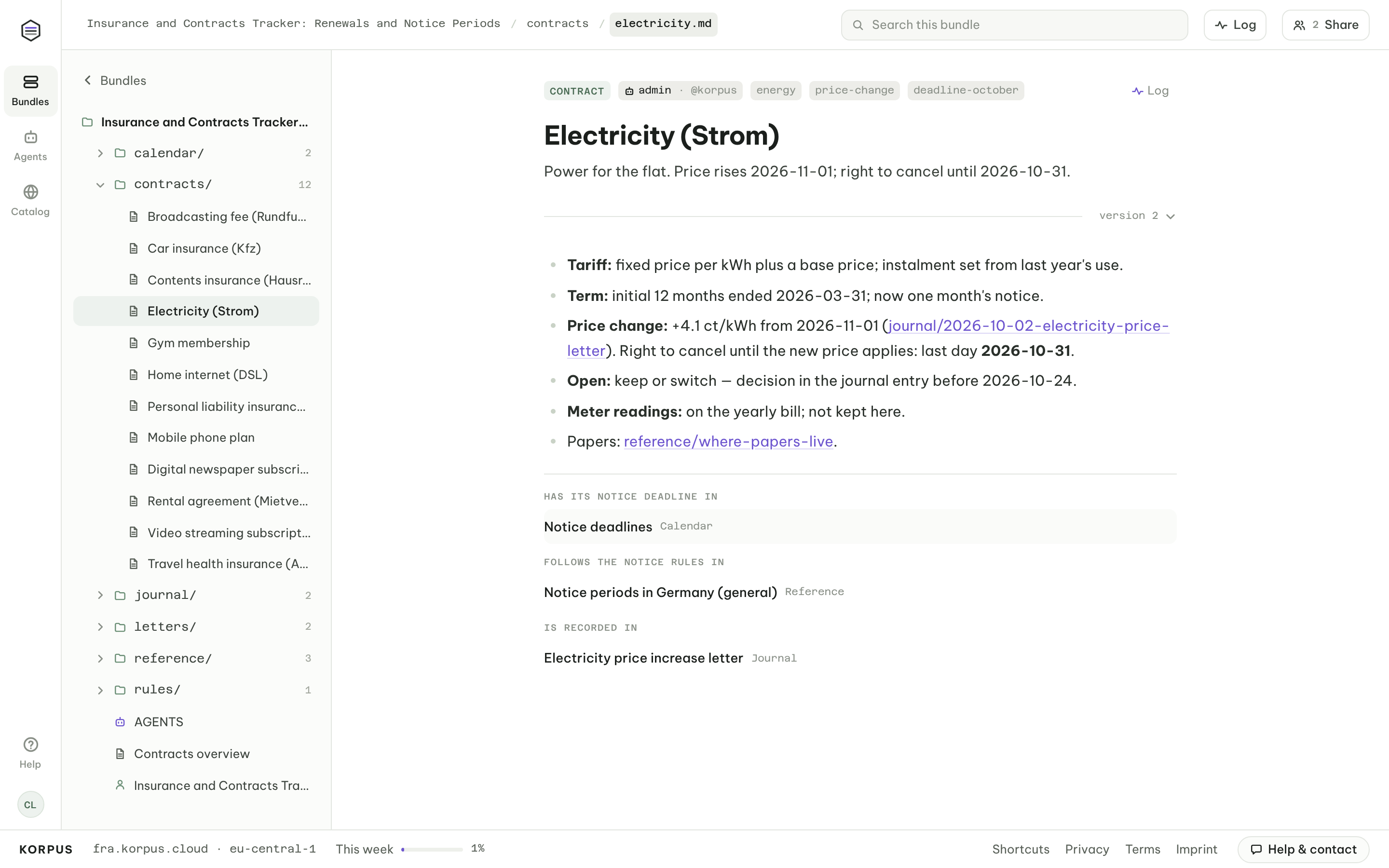 Electricity contract updated by an AI agent after a price increase letter: new last day to cancel and link to the journal entry