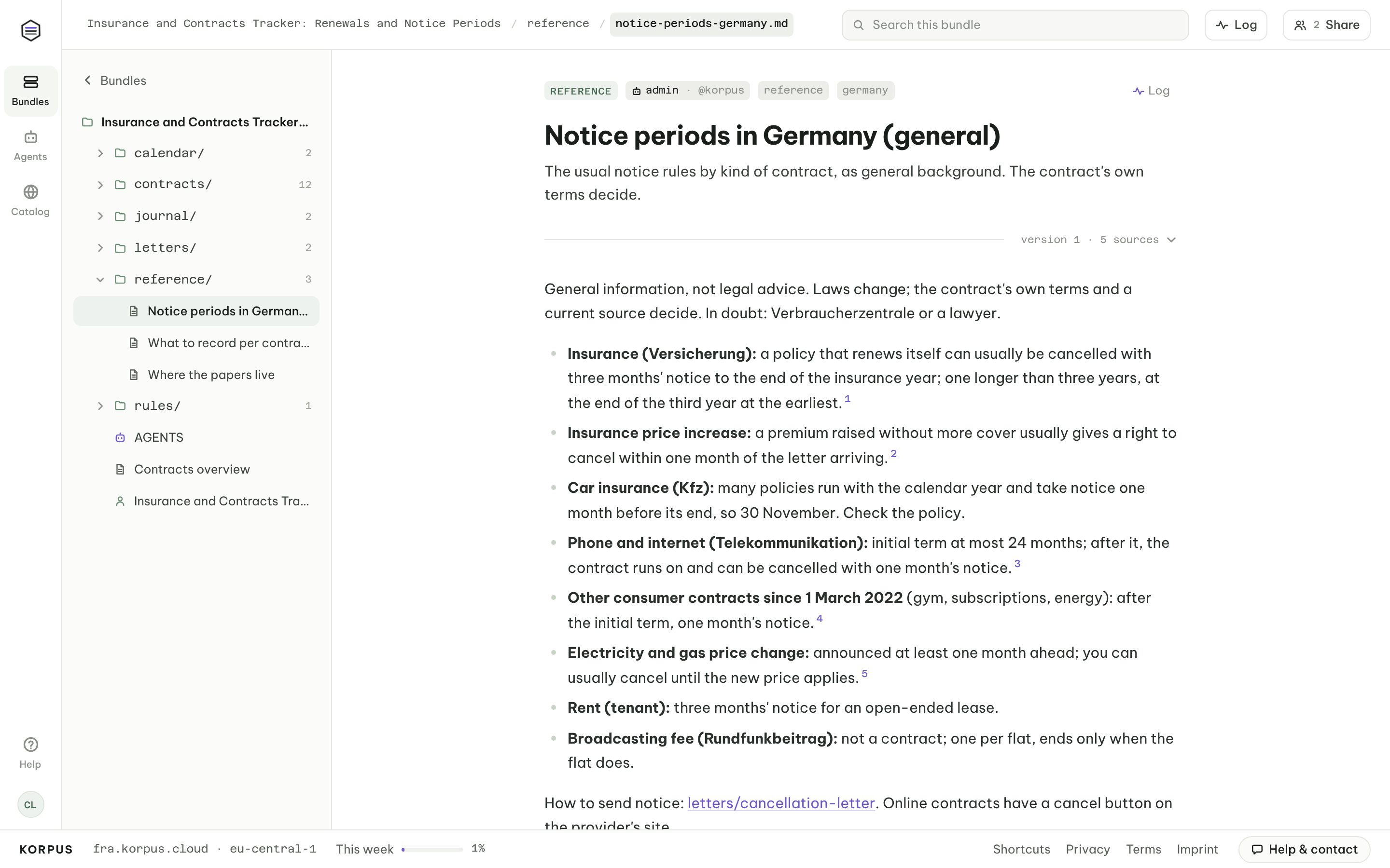 General notice periods in Germany by contract kind (insurance, telecom, energy, rent) with sources, as background for the tracker