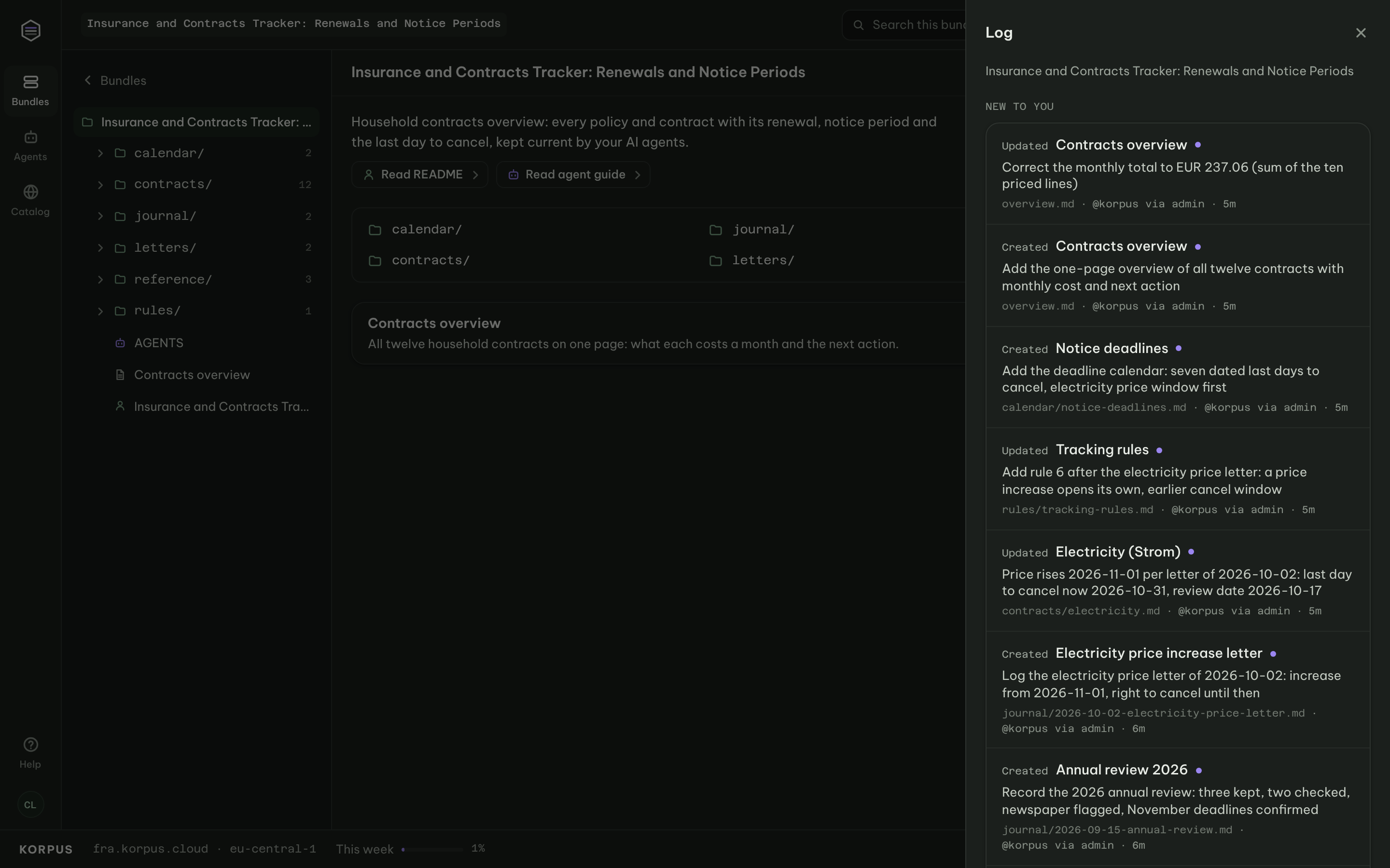 Bundle log: each change to the contracts tracker with the agent's reason, such as a new rule after a price letter
