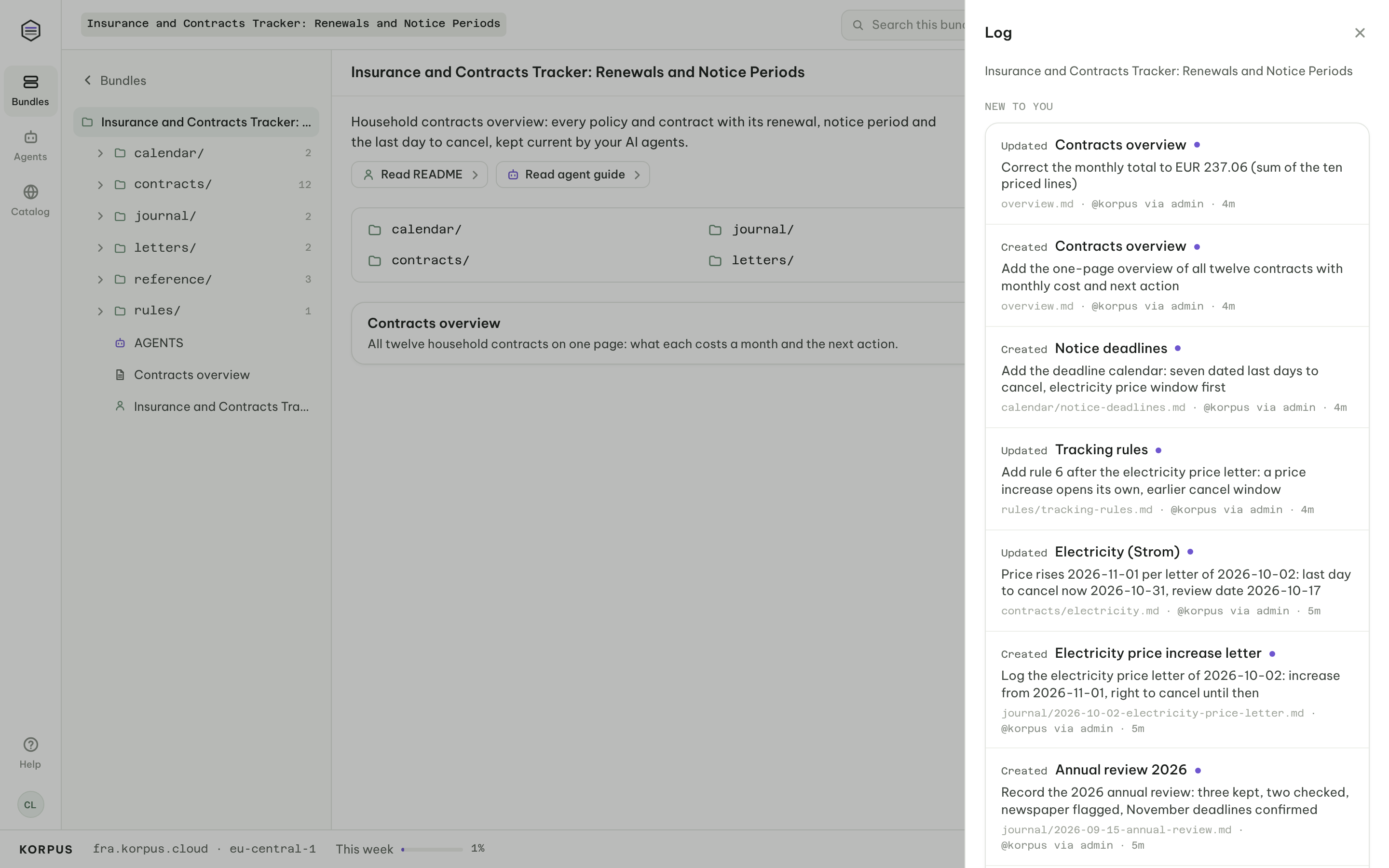 Bundle log: each change to the contracts tracker with the agent's reason, such as a new rule after a price letter