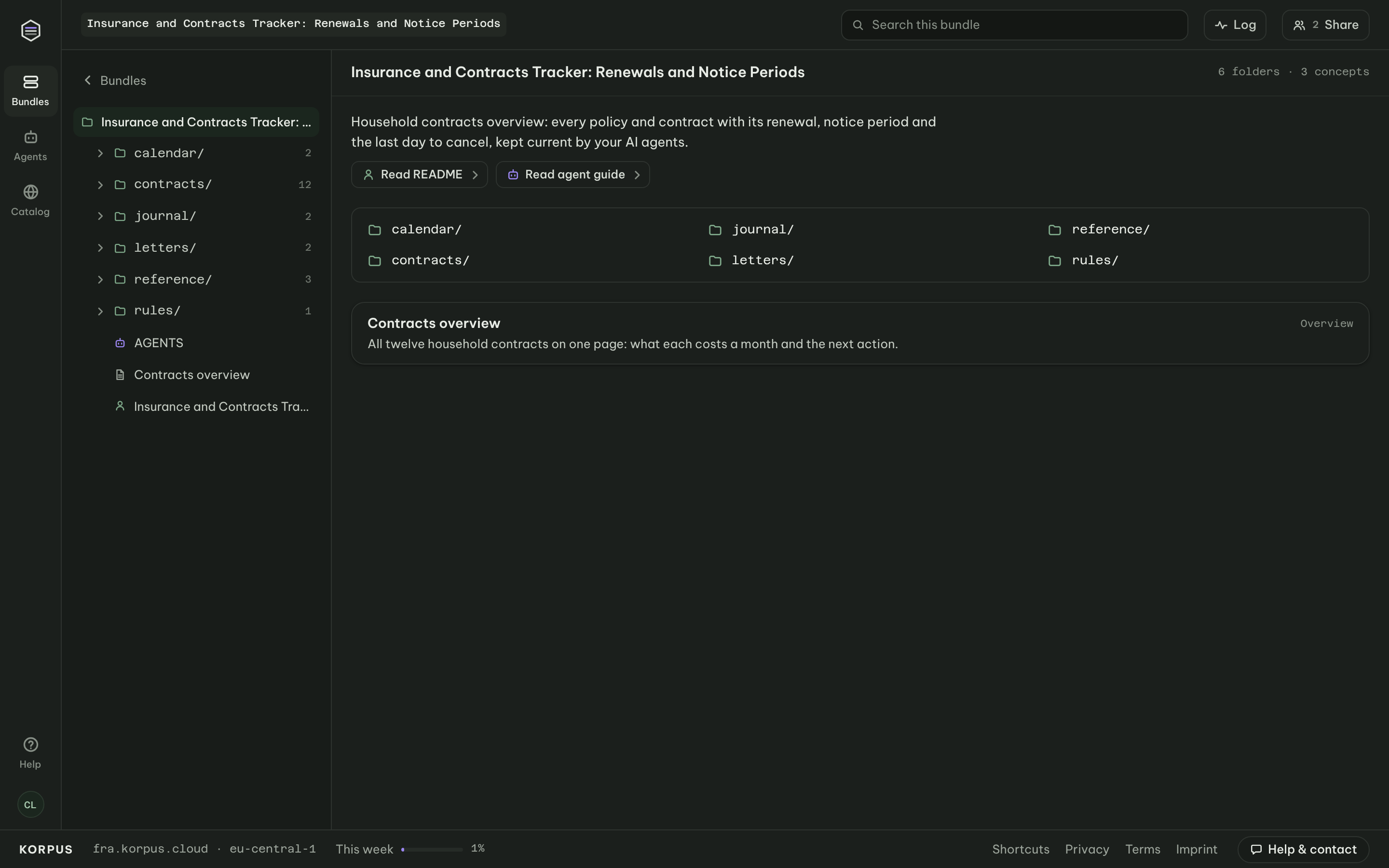 Contracts tracker folders: calendar, contracts, journal, letters, reference and rules, shared with your AI over MCP