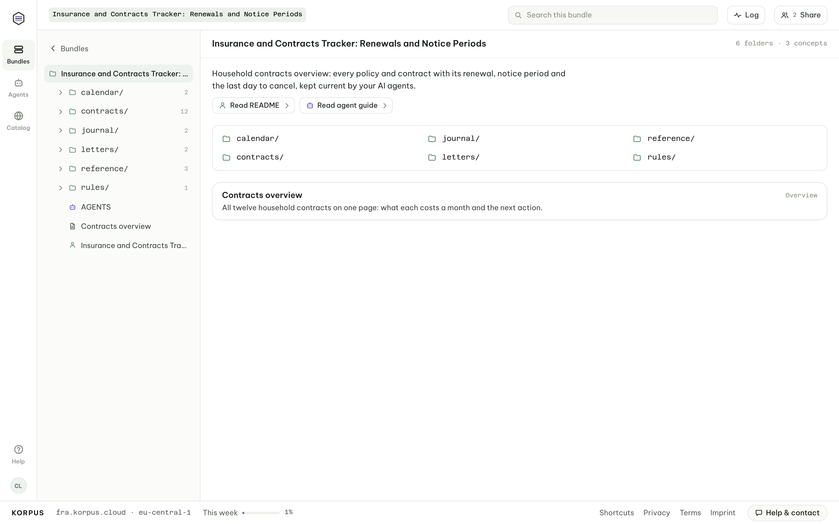 Contracts tracker folders: calendar, contracts, journal, letters, reference and rules, shared with your AI over MCP